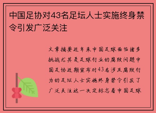中国足协对43名足坛人士实施终身禁令引发广泛关注