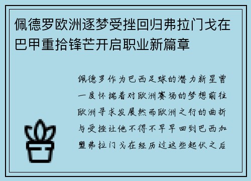 佩德罗欧洲逐梦受挫回归弗拉门戈在巴甲重拾锋芒开启职业新篇章