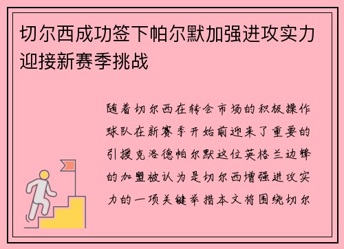 切尔西成功签下帕尔默加强进攻实力迎接新赛季挑战