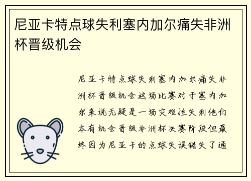尼亚卡特点球失利塞内加尔痛失非洲杯晋级机会
